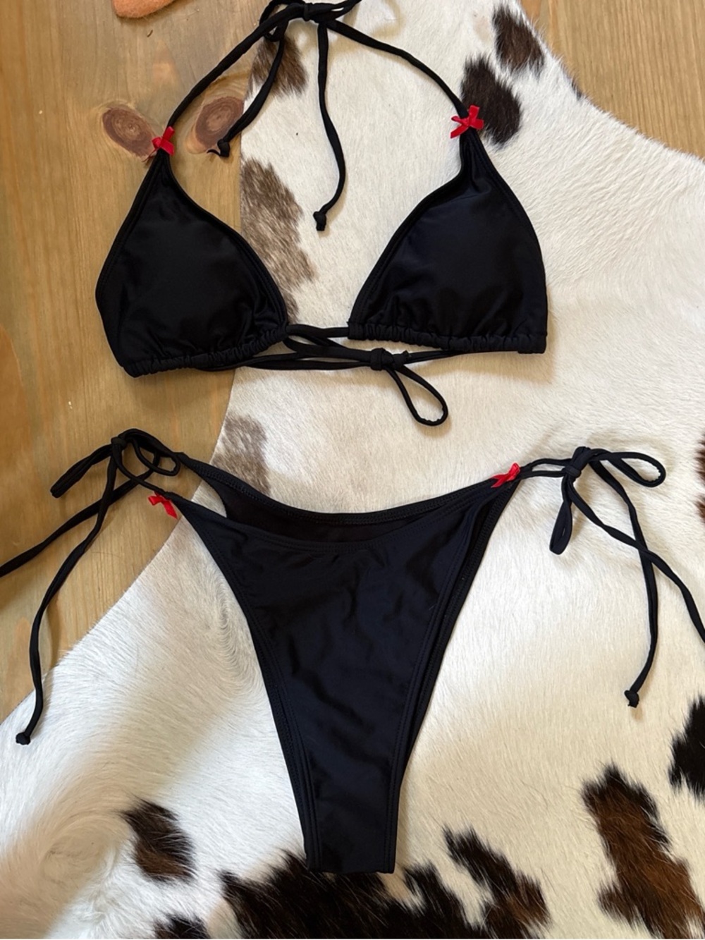 Black Tie-Side Triangle Bikini with Red Bow Accent - Women Swim
